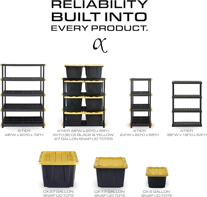 CX Black & Yellow, 4-Tier Heavy Duty Plastic Storage Shelving Unit, 200lbs/shelf (55"H x 48"W x 20"D), for Garage Tools, Basement & Outdoor Organization, Modular Rack