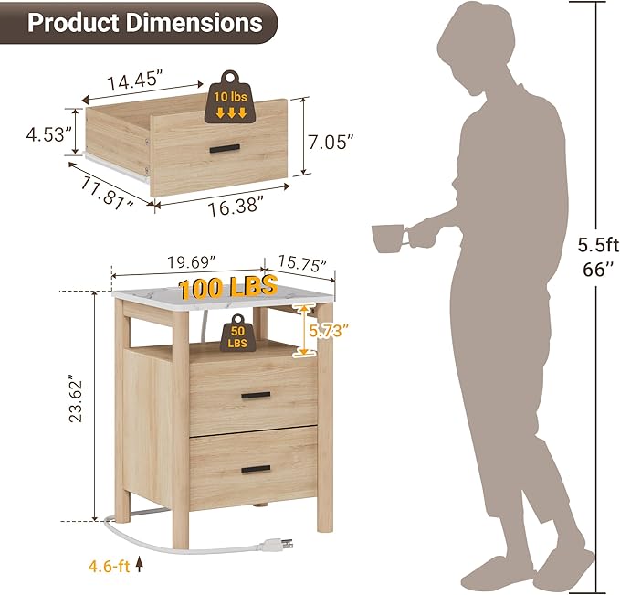 Night Stand Set of 2 with Charging Station, 20" Large Modern Nightstand with Faux Marble Top, 2 Drawers End Table with Solid Round Post Legs&Open Shelf, for Bedroom, Natural Oak