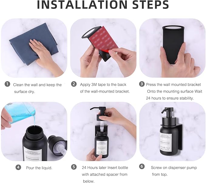 Black Glass Soap Dispenser Wall Mount for Bathroom with Pump and Drill-Free Holders - 8.5 Oz Hand Soap Dispenser, Shower Dispenser with Waterproof Labels