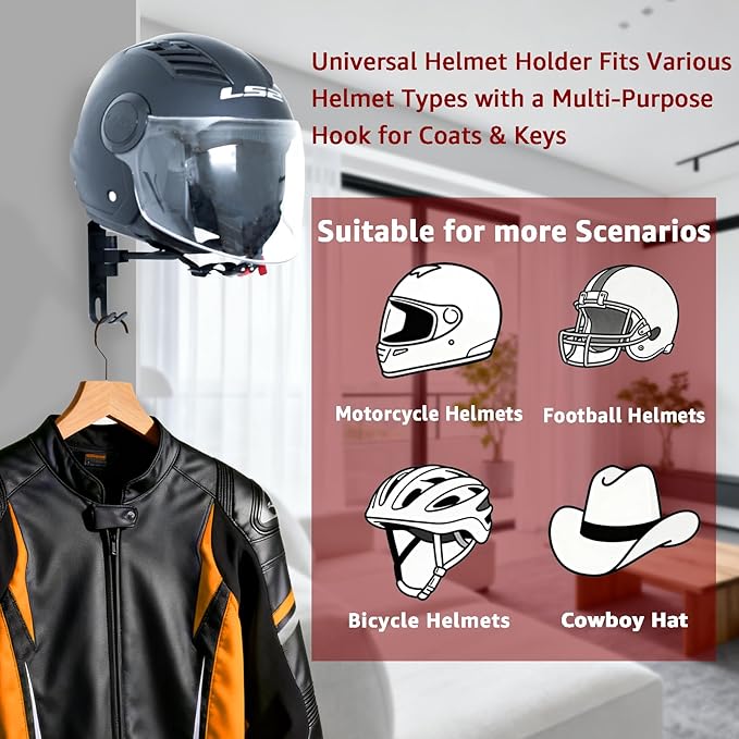 Metal Motorcycle Helmet Holder (2 Pack), 180° Rotating Wall Mounted Helmet Rack with Double Hooks, Helmet Hanger Easy Storage for Helmet, Bike Coats, Caps, Sportswear, Hats & Motorcycle Gear