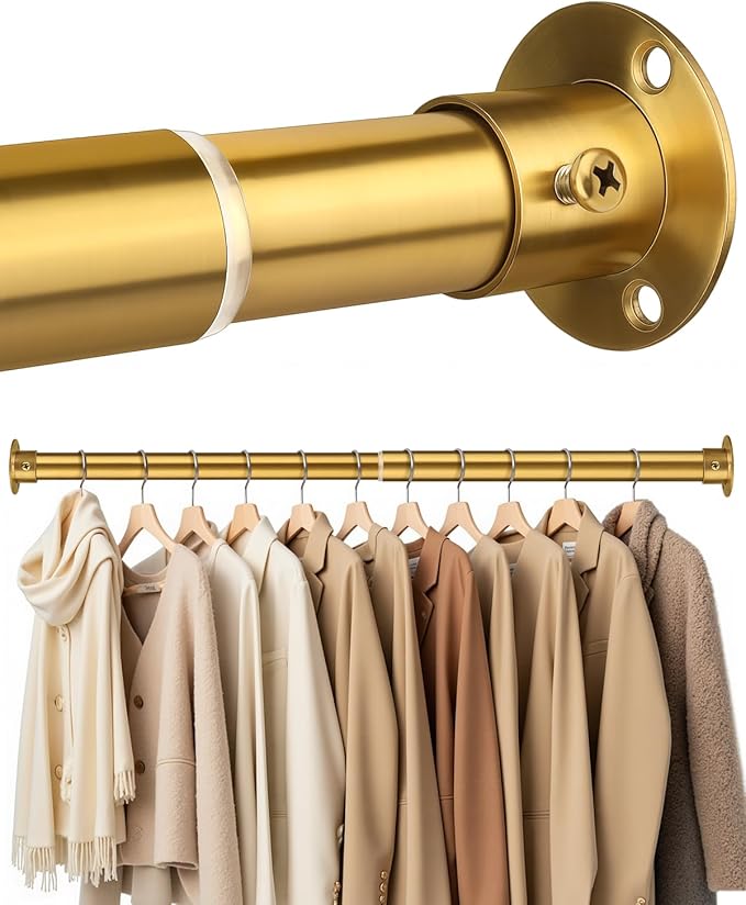 Closet Rods for Hanging Clothes, 17-76 Inch Heavy Duty and Stepless Adjustable Closet Poles, Stainless Steel Closet Hanging Rod for Closet, Wardrobes, Laundry Room, Bathroom, RV (Gold)