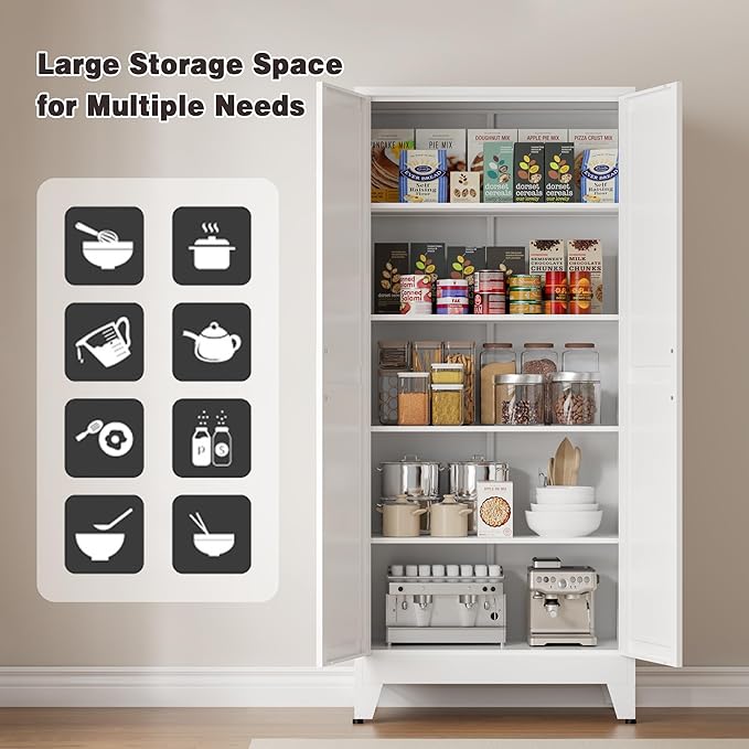 71" Tall Metal Pantry Cabinet, Kitchen Storage Cabinet with 2 Doors and 4 Adjustable Shelves for Kitchen, Living Room, Dining Room, Bathroom and Home, Office (White, 71" H)