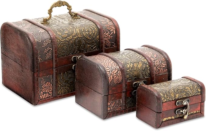 Juvale Wooden Treasure Chest Set - 3 Nesting Boxes, Brown Floral - Decorative Storage & Jewelry Box with Hinged Lid, Vintage Antique Decor