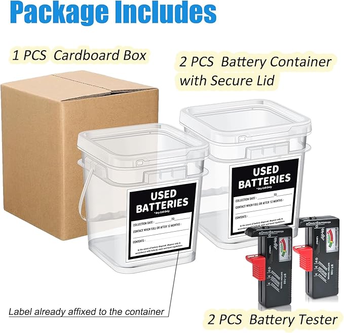 2 Pcs Battery Recycling Container with Battery Testers for Household Batteries, Used Battery Disposal Container with lid for Home Use, Office, Garage, Schools (1.32 Gallon)