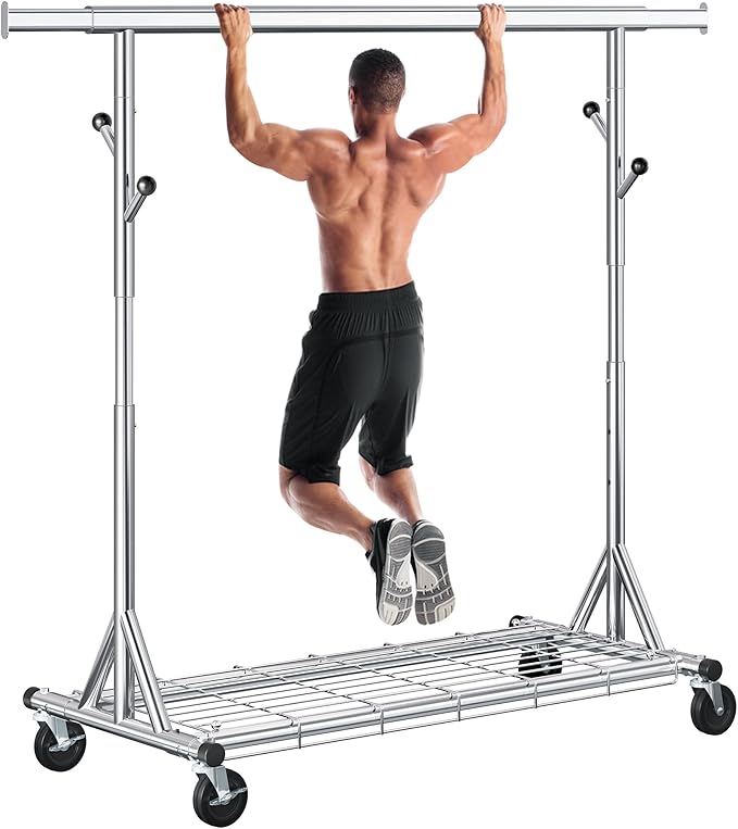 Heavy Duty Clothes Rack Load 530 lbs, Metal Rolling Clothing Rack With Sturdy Wheel And Shelves, Adjustable Portable Hanging Garment Rack For Clothes,Chrome Stainless Steel