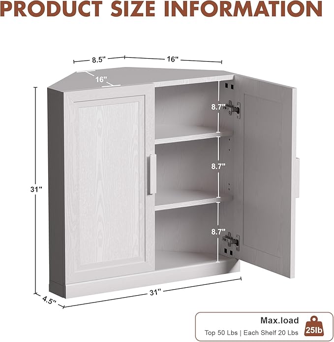 Casaphoria Farmhouse Corner Cabinet, Wooden Corner Storage Cabinet with Adjustable Shelves, Narrow Storage Organizer for Small Space, 31" H x 31" W x 16" D, 44Lb, White