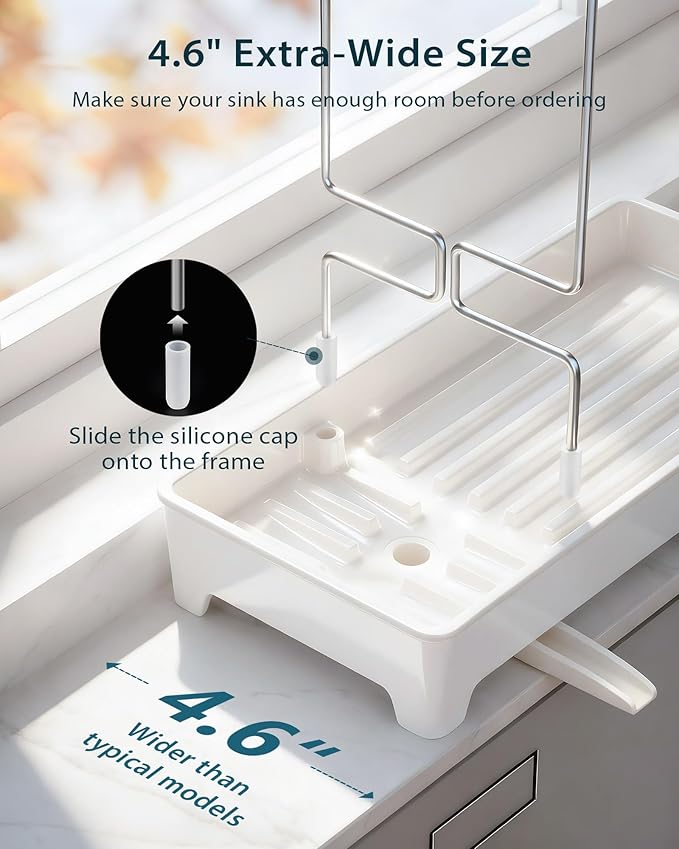 Ceramic-Look Sink Caddy, Rustproof Sponge Holder for Kitchen Sink with 304 Stainless-Steel Brush Holder, Countertop Rack Organizer with Raised Ridges & Silicone Drain Tube (Ceramic White)