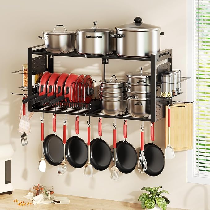 31 Inch Pot Rack Wall Mounted, 2-Tier Pots and Pans Hanging Organizer with 20 Hooks & Pan Organizer and Spice Rack, Heavy Duty Hanging Pot Hanger for Kitchen Cookware, Utensils, Black