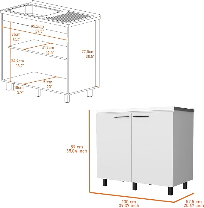 Oklahoma 2 Utility Sink & Cabinet, Interior Shelf, Aluminum Countertop,White -Kitchen Room
