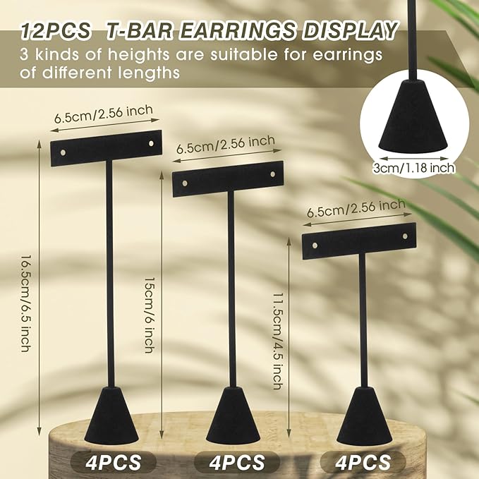 Marsui 12 Pcs Earring Display Set Earring T Bar Display Earring Holders with 3 Heights Earrings Display Stand for Jewelry (Black)