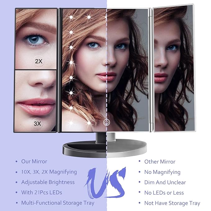 HUONUL Makeup Mirror Vanity with Lights, 2X 3X 10X Magnification, Touch Control, Trifold Mirror, Dual Power Supply, Gifts for Women, Wife, Mom, Teengirls(Black)