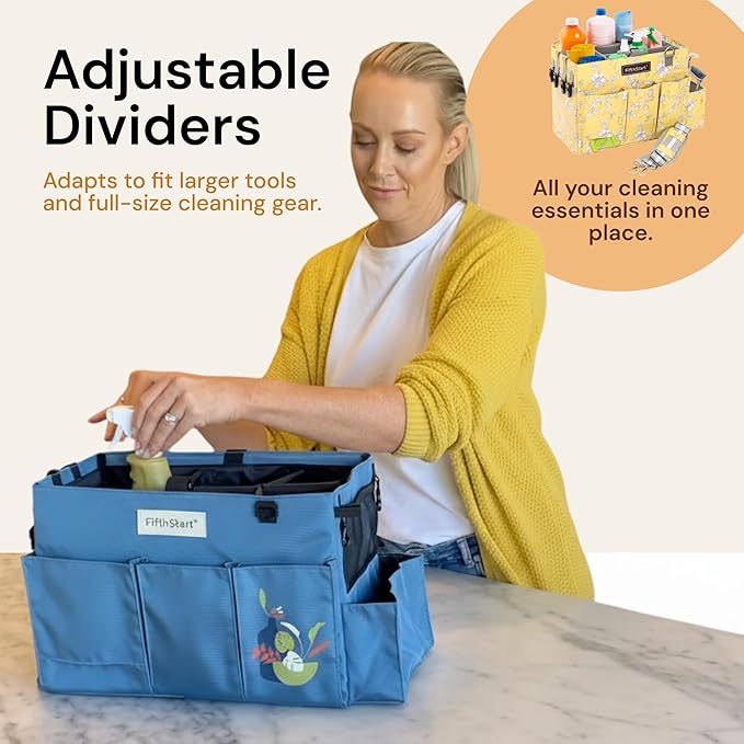 FifthStart Multi-Purpose Cleaning Caddy with Waist, Shoulder Strap, Mesh Base & 9 Pockets – Easy to Clean Diaper Caddy with Adjustable Compartments (Yellow Floral, X-Large)