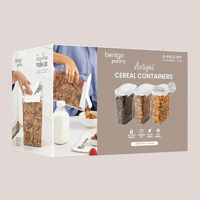Bentgo Pantry - 6-Piece Airtight Cereal Containers, Easy Push & Pour Lid, Stackable & Clear BPA-Free Storage, Locking Lids for Freshness – Ideal for Kitchen & Pantry Organization (Snow)