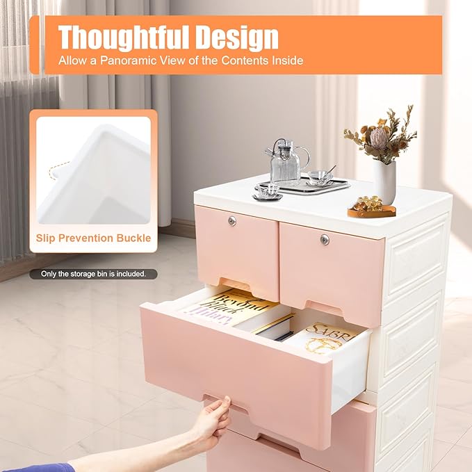 5-Layers Plastic Dresser with 6 Drawers Movable Chest of Drawers Locked Storage Cabinet Craft Organizers and Storage for Bedroom Entryway Hallyway, 19.7’’ W*13.8’’ D*40’’ H (Pink)