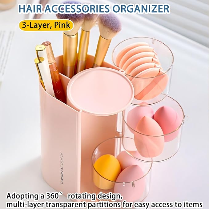 Hair Accessories Organizer with Hair Brush Holder, Rotatable Makeup Brush Holder for Necklaces, Earring, Bracelet, Ring, Makeup Brushes, Hair Clip and Hair Accessories (Pink, 3-Layer)