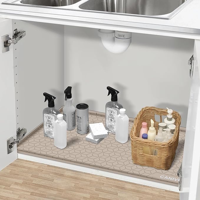 Under Sink Mat, 34" x 22" Waterproof Silicone Under Sink Tray for Kitchen & Laundry Cabinets, Kitchen Cabinet Shelf Protector, Up to 3.3 Gallons Liquid, Fits 36 inch Standard Cabinet(Grey)