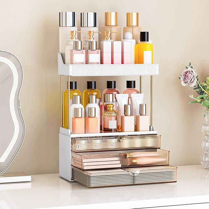 Bathroom Organizers and Storage - 3 Drawers 2 Tier Makeup Organizer, Cosmetic Storage Drawer for Dresser Countertop and Bathroom Vanity for Large Skincare, Perfume, Amber