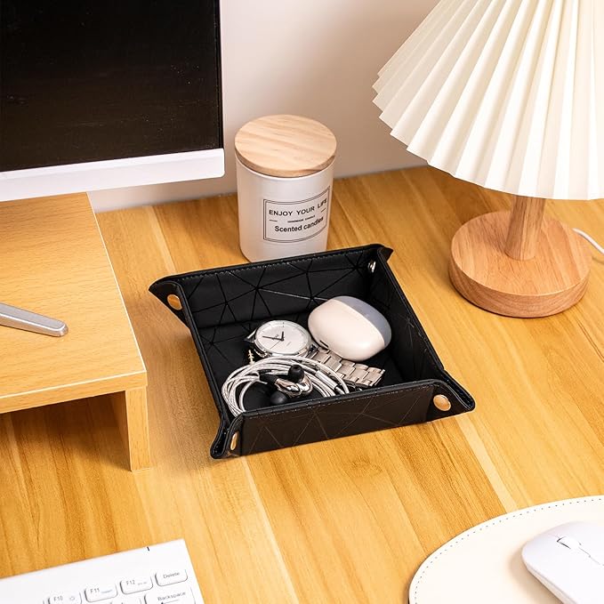 PU Leather Valet Tray for Mens and Women Catchall Tray for Keys,Watch,Jewelry Small Nightstand Bedside and Entry Table Tray Gift for Dad Husband (BlackChequer)