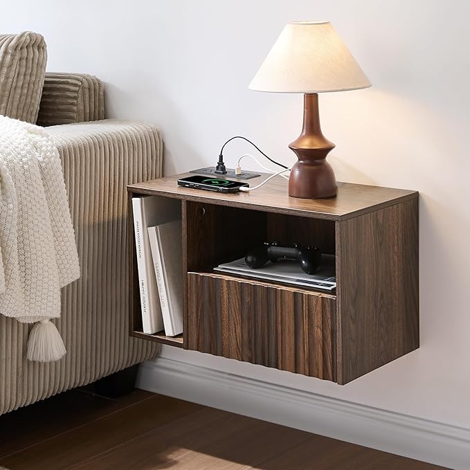 Modern Walnut Fluted Floating Nightstand with Charging Station, NightStand with Drawers, Bedside with USB Ports and Outlets, Bedroom Furniture (Left)