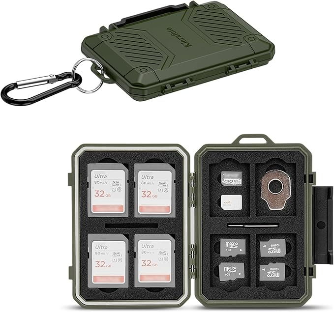 IP67 Waterproof Memory Card Case, Slim Anti-Shock SD TF Card Holder Carrying Case Organizer for 8 SD/SDHC/SDXC Cards, 12 MicroSD/MicroSDHC/MicroSDXC/TF/MSD Cards, 2 Nano SIM Storage - Green