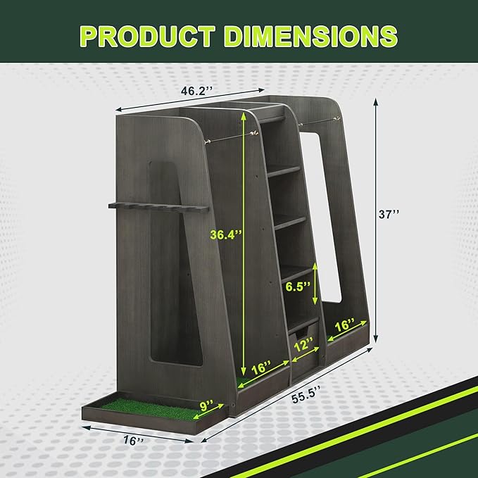 Golf Bag Organizer Storage Rack Large Wooden for 2 Bags, Golf Club Stand Holder with Drawer, Sports Equipment Rack for Garage, Practice Room, Home or Office