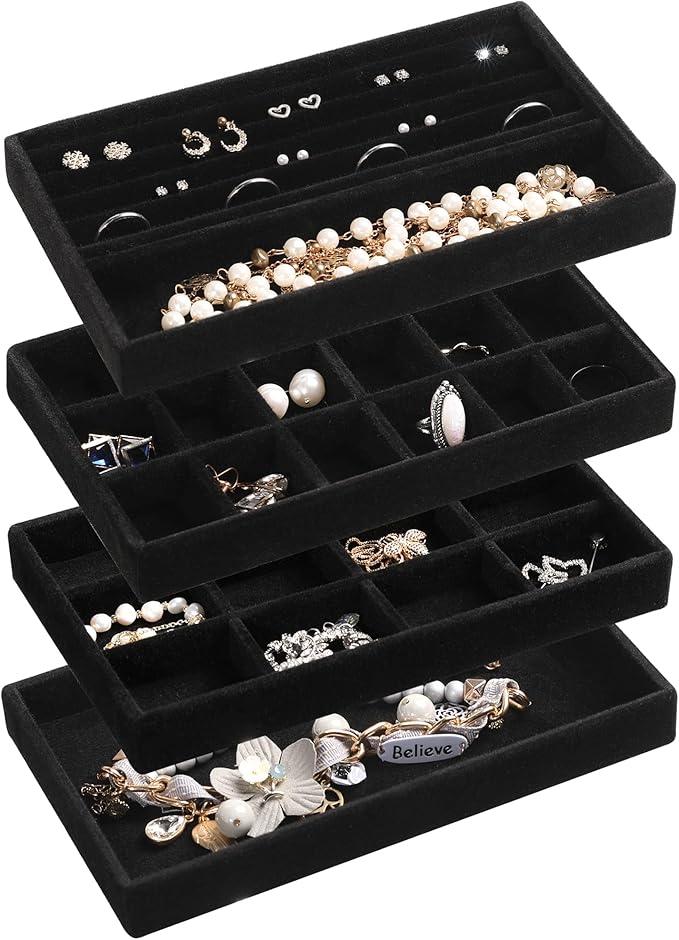 Frebeauty Jewelry Organizer Tray,Stackable Velvet Jewelry Trays,Drawer Inserts Earring Organizer For Women Jewelry Storage Display Case for Rings Stud Necklaces,Set of 4(Black)