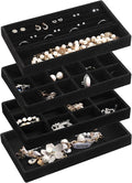 Frebeauty Jewelry Organizer Tray,Stackable Velvet Jewelry Trays,Drawer Inserts Earring Organizer For Women Jewelry Storage Display Case for Rings Stud Necklaces,Set of 4(Black)