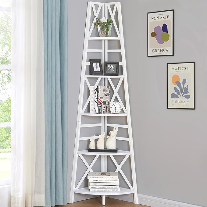 HOMBAZAAR 5 Tier Corner Shelf, 72 Inch Industrial Corner Bookshelf, Tall Ladder Bookcase with Metal Frame, Rustic Shelf Stand for Living Room, Bedroom, Office, White