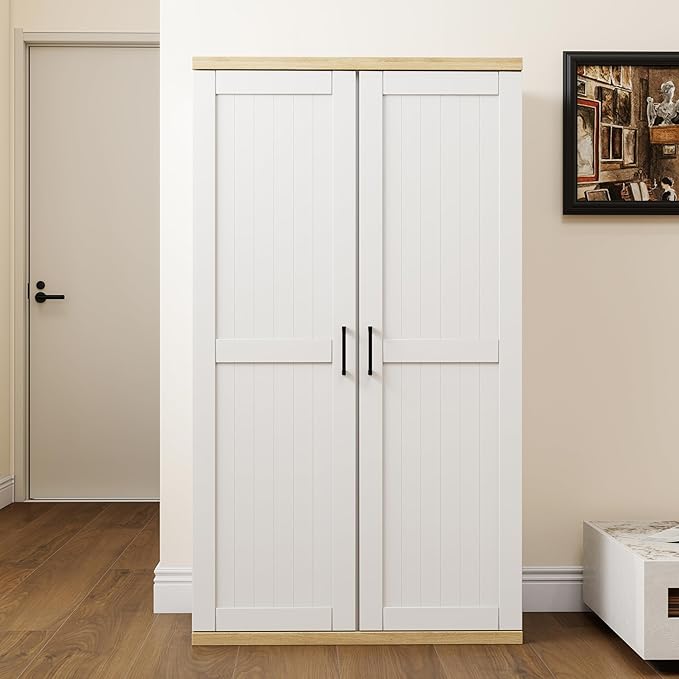 Wooden 55" Tall Broom Closet Storage Cabinet for Vacuum Cleaner & Floor Scrubbers with 2 Doors and Adjustable Shelf, Cleaning Supply Cabinet with Bottom Openwork for Laundry Room, Garage