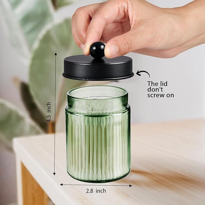 Amolliar Sage Green Glass Apothecary Jar, Qtip Holder Metal Lid & Stickers, Bathroom Qtip Dispenser Storage Canister, Perfect for Cotton Balls, Cotton Swabs, Round Pads, Bath Salt, Floss, Black 2 Pack