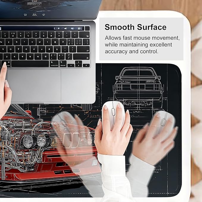 Retro Car Blueprint Mouse Pad – Large Extended Desk Mat 31.5 x 11.8 in – Classic Red Tuner Car Cutaway with Engine Diagram, Waterproof Surface, Non-Slip Rubber Base, Keyboard & Mouse Pad