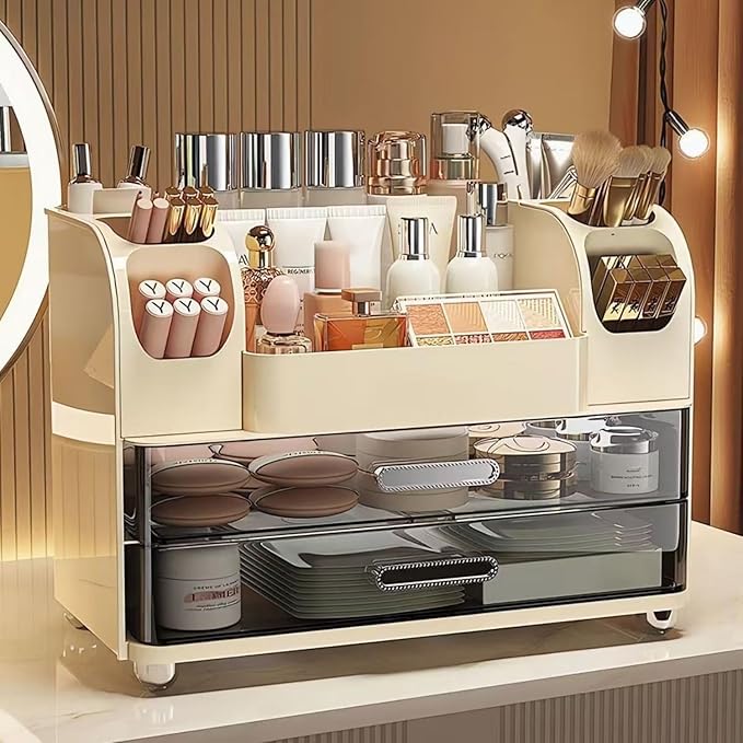 Makeup Organizer with Drawers for Vanity,Bathroom Countertop Organizer with Brushes Holder,Skincare Storage Organizer,Perfect Cosmetic Display Case for Skincare,Lipstick and Beauty Essential (Cream)