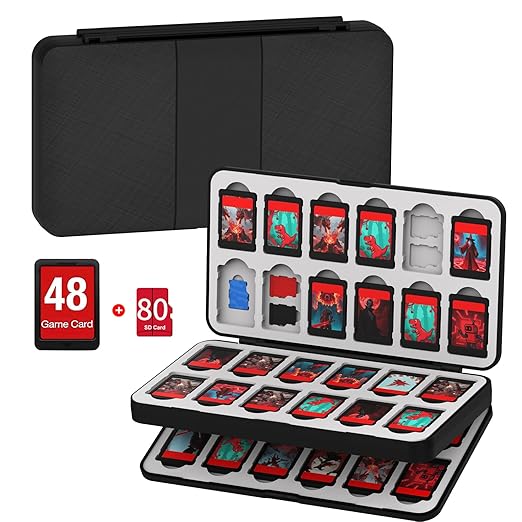 QuoLumPIA 48 Game Card Case Compatible for Nintendo Switch 2/OLED/Switch/Switch Lite, storage 48 Game Cards & 80 Micro SD cards, Black, hard shell, magnetic closure, soft silicone linning