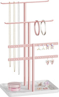 pickpiff Jewelry Holder Organizer, 12.5'' Tall Sturdy Metal Stand, 3-Tier Jewelry Hanger for Necklace, Earring, Bracelet, Ring, for Display and Storage, Aesthetic Room Decor, Pink