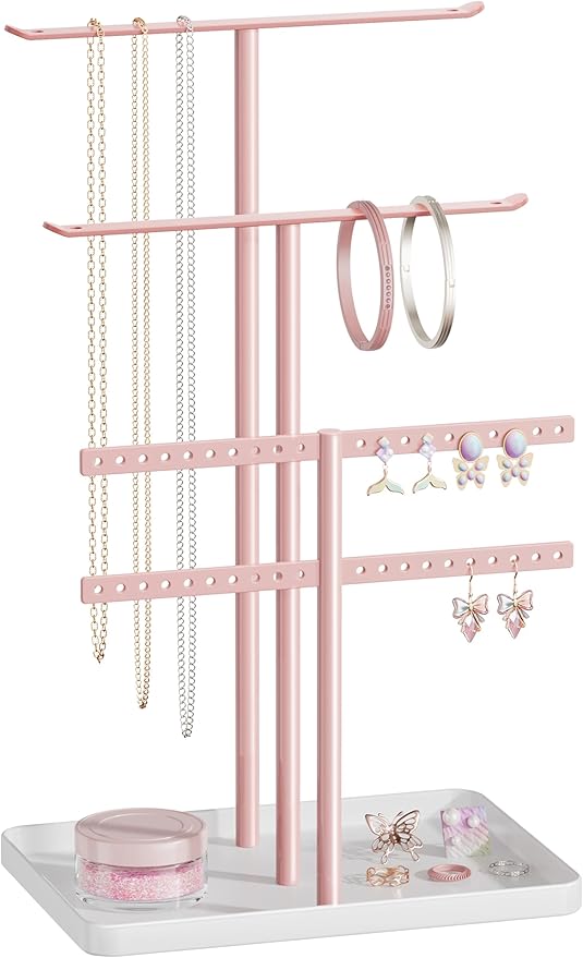 pickpiff Jewelry Holder Organizer, 12.5'' Tall Sturdy Metal Stand, 3-Tier Jewelry Hanger for Necklace, Earring, Bracelet, Ring, for Display and Storage, Aesthetic Room Decor, Pink