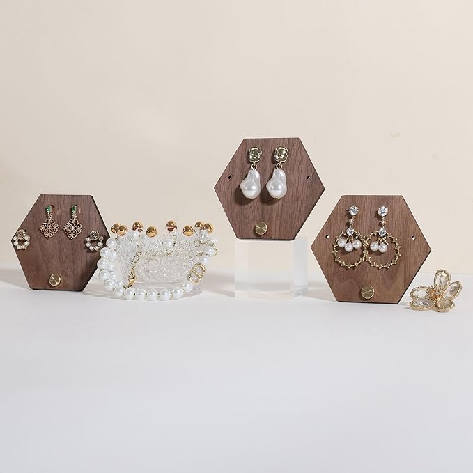 GemeShou 3pcs wooden jewelry earring organizer holder, walnut earring studs stand for boutique store, cute earring display for selling with 6 holes on each【Earring stand-Hexagon-3pcs】