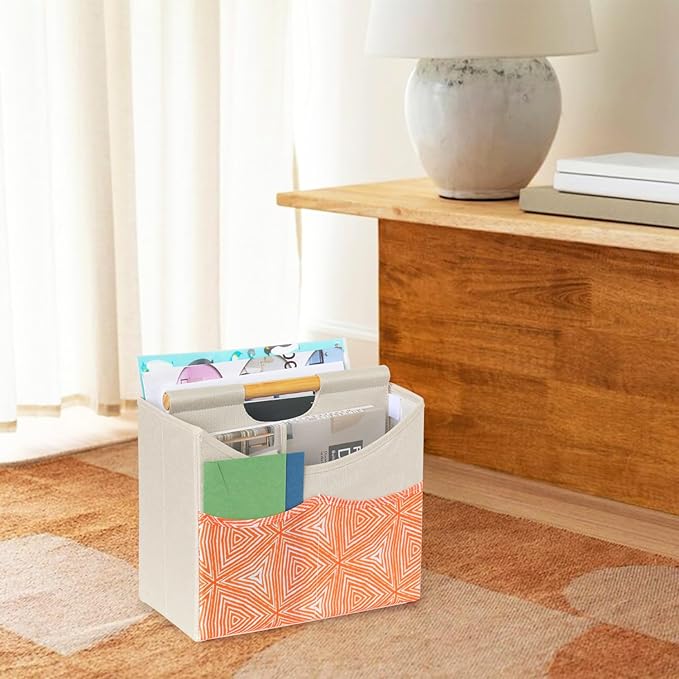 EZDeco Magazine Holder,Boho Foldable Magazine Rack Storage Basket with Bamboo Handles,Holds Multiple Magazines with 3 Pockets,Magazine Basket for Home Office Book,File, Newspaper