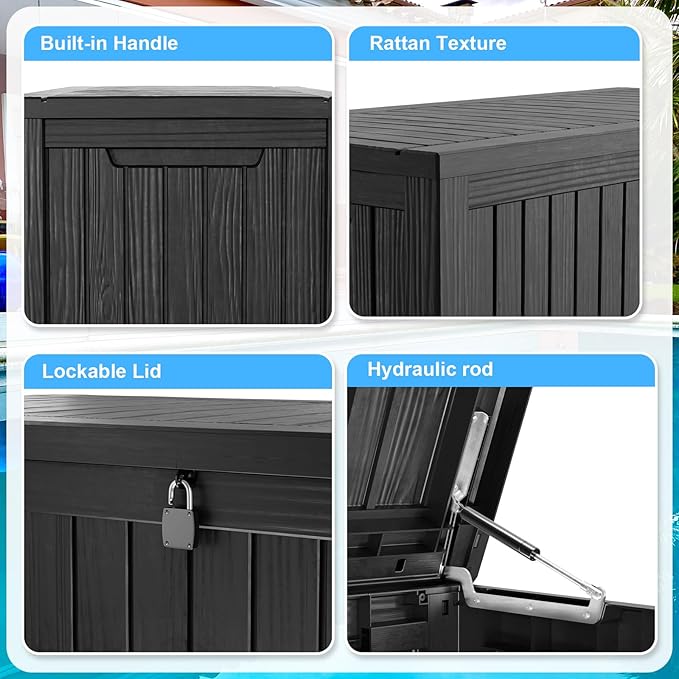 200 Gallon Outdoor Deck Box,Storage Lockable Waterproof Patio Furniture,Garden Tools,Cushions,Pool Accessories Outside Storage Resin Box(Black)