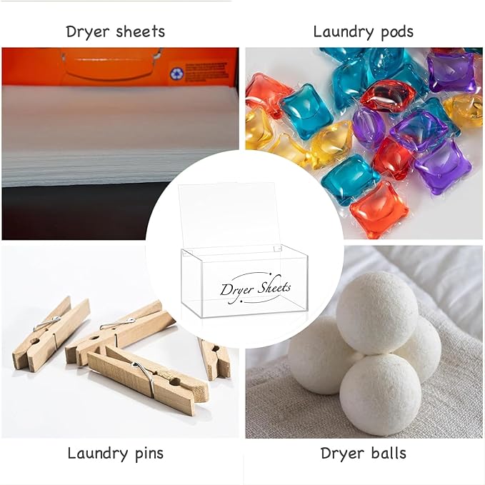 Laundry Sheet Holder - Clear Acrylic Dispenser with Lid, Dryer Sheet Box for Laundry Room