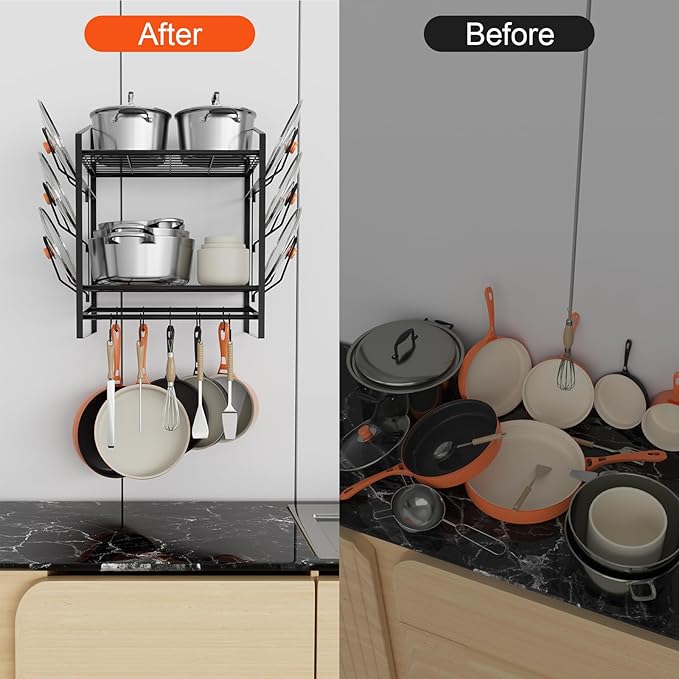 17 Inch Pot Rack Wall Mounted, 2 Tier Pots and Pans Organizer with 10 Hooks and 6 Pot Lid Holders, Heavy Duty Steel Pot and Pan Hanger for Kitchen Cookware Utensils Storage 24" Lx13 Wx20.5 H