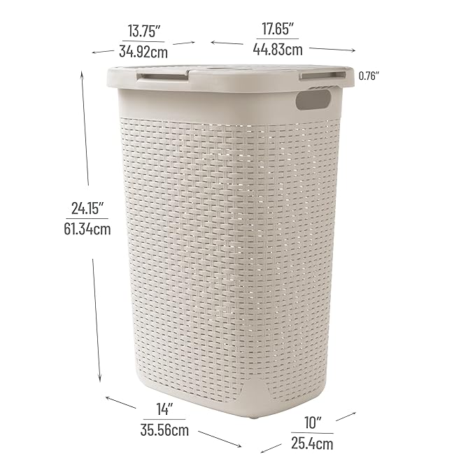 Mind Reader Slim Laundry Hamper with Lid, 60L Clothes Basket, Premium Wicker Design, Plastic, Ivory