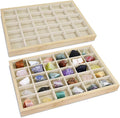 MOOCA 2 Pcs Set Bamboo Jewelry Display Tray Organizer with 30 Compartments for Rings, Earrings, Jewelry, Accessories, and Collectibles items, Oak Color,14" W x 9.6" D x 1.2" H