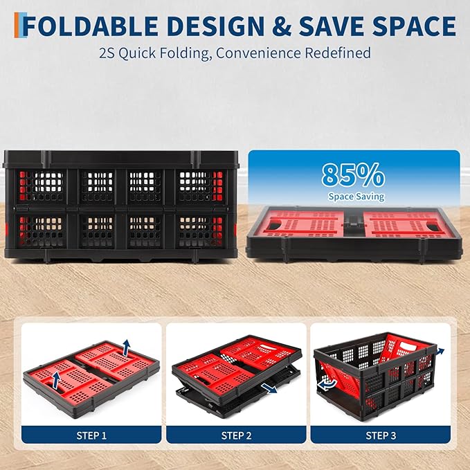 55L Collapsible Crates for Storage,Stackable & Collapsible Milk Crates, Stackable Storage Baskets, Folding Storage Containers for Organizing Tools, Books, Food, Drinks, Camping & Transport