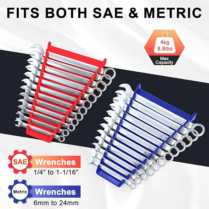 4-Piece Magnetic Wrench Organizer, 48-Slot Wrench Rack Tool Trays, Durable ABS Wrench Holder for Tool Box Drawer Chest, SAE (1/4" to 1-1/16") & Metric (6 to 24mm), Red/Blue