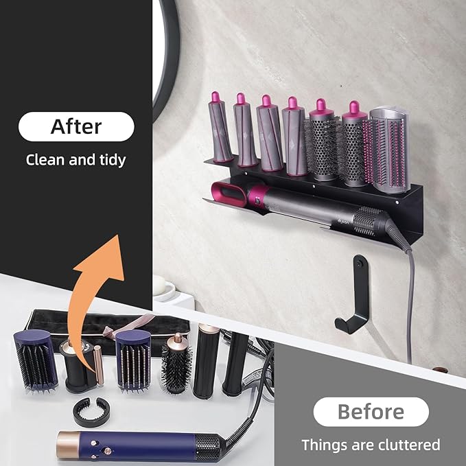 Curling Iron Holder, Flat Iron Holder Wall Mount, Stainless Steel Hair Tool Organizer Compatible with Dyson, Self-Adhesive Flat Iron Holdert for Bathroom,Black BANJEKT