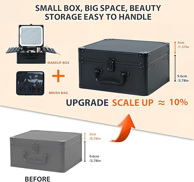 Makeup Organizer Box with Detachable Lighted Mirror, Travel Train Cosmetic Case, Adjustable Divider Storage Bag, Portable Artist Storage Suitcase with Magnetic LED Mirror - Black