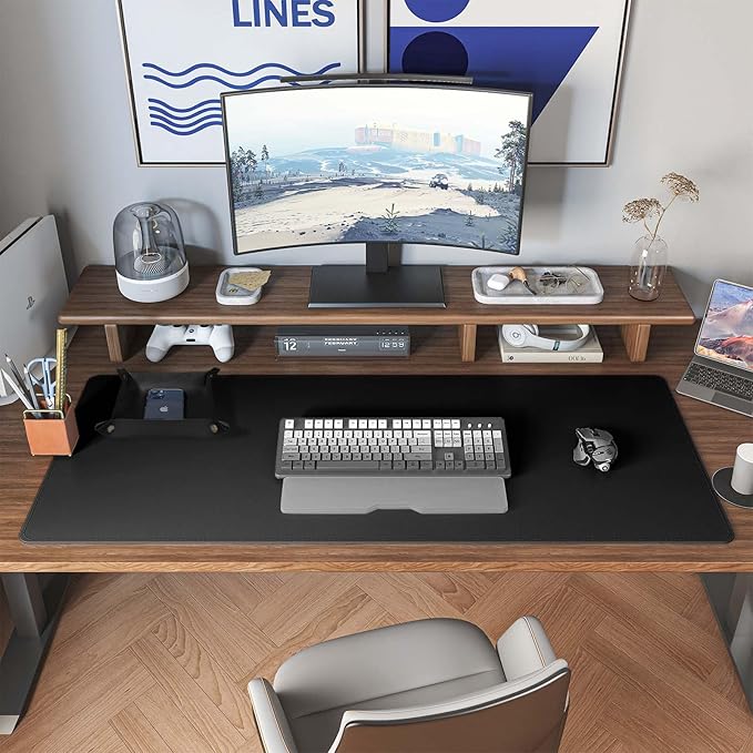 DAWNTREES Dual Sided Desk Mat,Leather Desk Pad,Black 40"x16",Cork Desk Mat Protector,with PU Leather Valet Tray Organizer,Large Mouse Pad,Desk Writing Pad for Office and Home