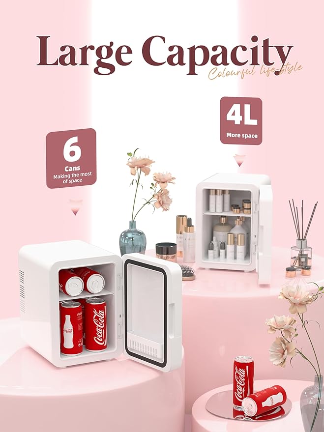 BOGDA Mini Skincare Fridge (4 Liter/6 Can) with Dimmable LED Light Mirror, Cooler and Warmer for Refrigerating Make Up, Skin Care and Food, Portable Mini Fridge for Bedroom, Office and Car, White