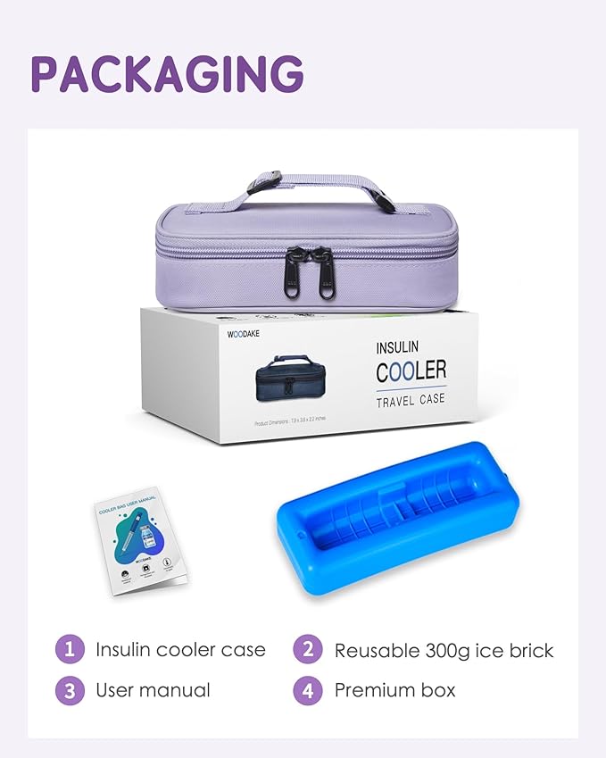 Insulin Vial Cooler Travel Case TSA Approved 300g Reusable Ice Brick Insulin Pen Case Holds 2 Pens and 2 Vials Long Lasting Medicine Cooler for Travel Camping and Outdoor Activities (Purple)