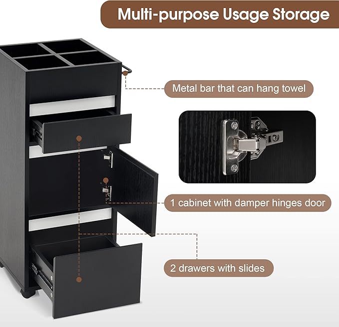 BarberPub Salon Trolley with Drawers Barber Cart Storage Cabinet Beauty Organizer Spa Equipment 2039 (Black)